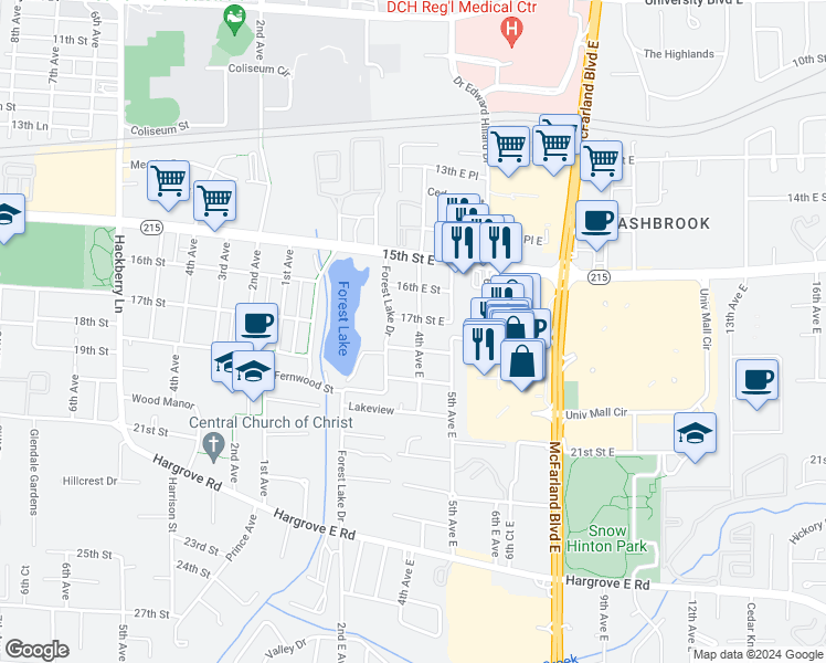 map of restaurants, bars, coffee shops, grocery stores, and more near 1708 4th Avenue East in Tuscaloosa