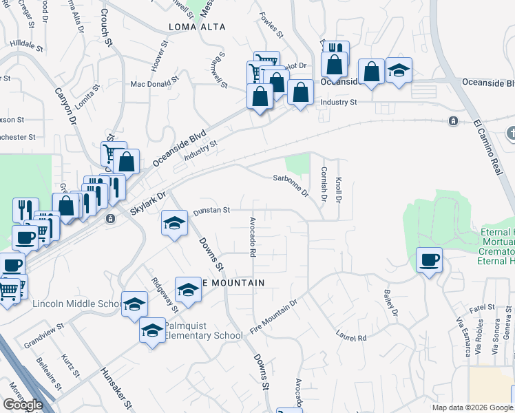 map of restaurants, bars, coffee shops, grocery stores, and more near 2402 Dunstan Street in Oceanside