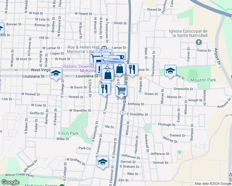 map of restaurants, bars, coffee shops, grocery stores, and more near 210 South McDonald Street in McKinney