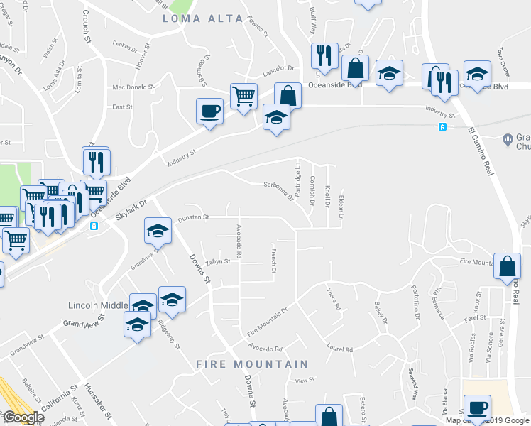map of restaurants, bars, coffee shops, grocery stores, and more near 2440 Dunstan Street in Oceanside