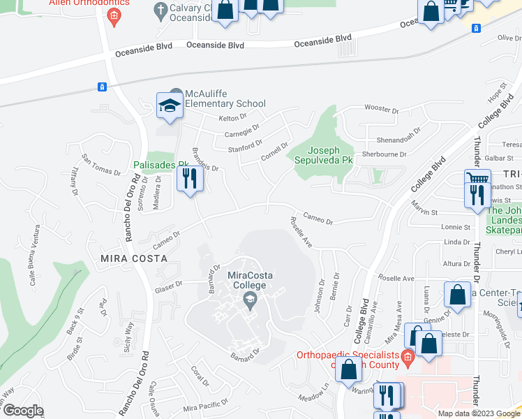 map of restaurants, bars, coffee shops, grocery stores, and more near 2909 Colgate Drive in Oceanside