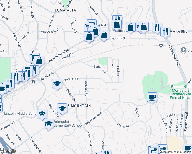 map of restaurants, bars, coffee shops, grocery stores, and more near 2440 Dunstan Street in Oceanside