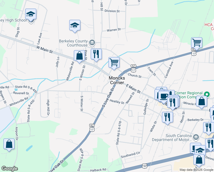 map of restaurants, bars, coffee shops, grocery stores, and more near 106 Goodwin Street in Moncks Corner