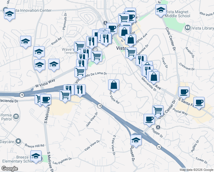 map of restaurants, bars, coffee shops, grocery stores, and more near 469 Rancho Vista Road in Vista