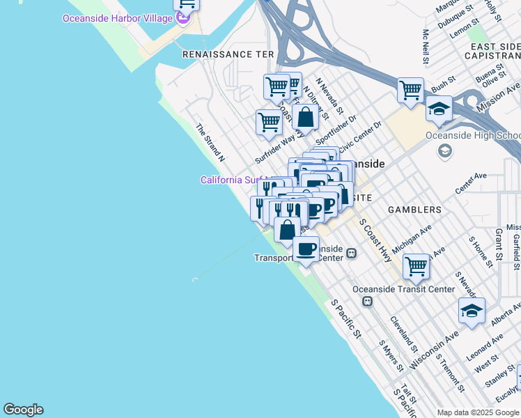 map of restaurants, bars, coffee shops, grocery stores, and more near 101-199 South Cleveland Street in Oceanside