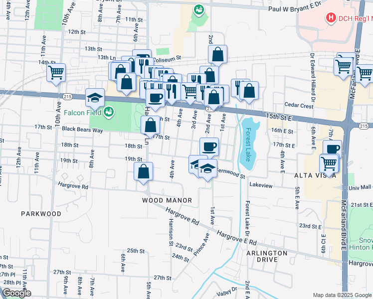map of restaurants, bars, coffee shops, grocery stores, and more near 320-398 18th Street in Tuscaloosa