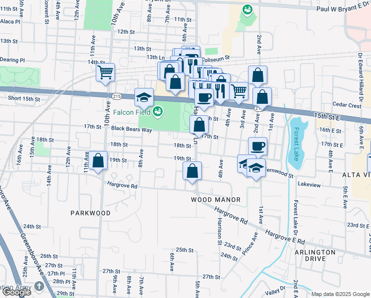map of restaurants, bars, coffee shops, grocery stores, and more near 1809 6th Avenue in Tuscaloosa