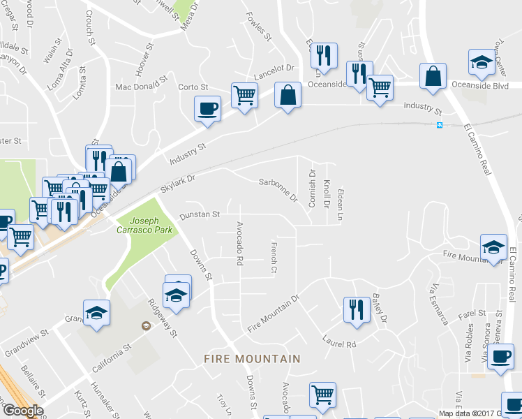 map of restaurants, bars, coffee shops, grocery stores, and more near 2428 Dunstan Street in Oceanside