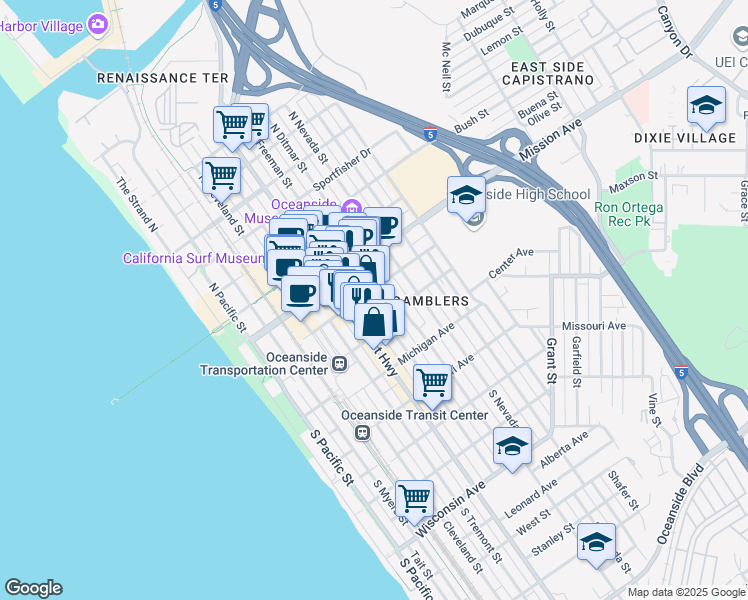 map of restaurants, bars, coffee shops, grocery stores, and more near 517 Seagaze Drive in Oceanside