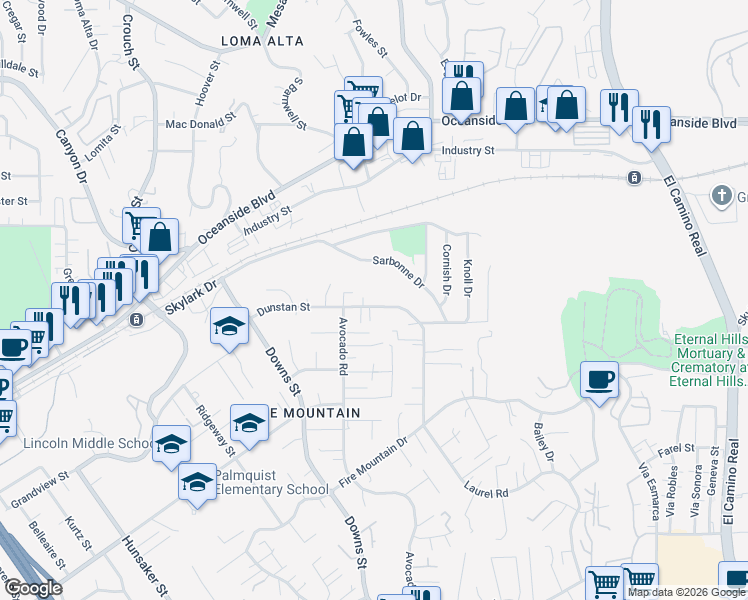 map of restaurants, bars, coffee shops, grocery stores, and more near 2428 Dunstan Street in Oceanside