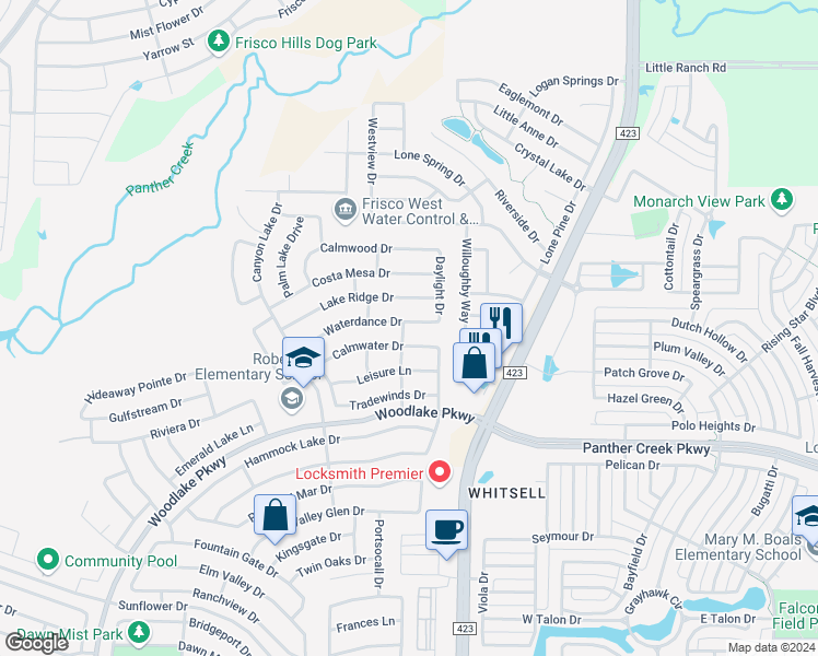 map of restaurants, bars, coffee shops, grocery stores, and more near 2700 Waterdance Drive in Little Elm
