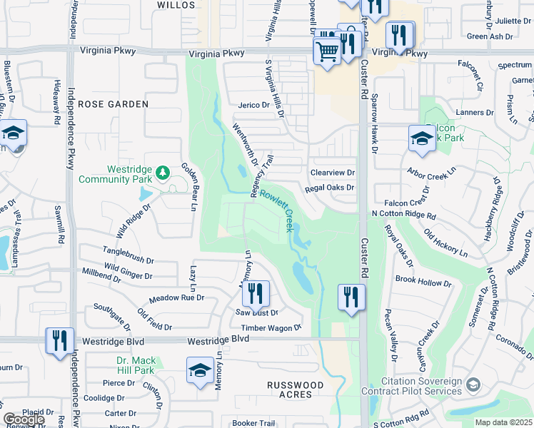 map of restaurants, bars, coffee shops, grocery stores, and more near 9511 Deerhurst Place in McKinney