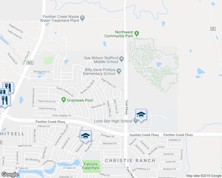 map of restaurants, bars, coffee shops, grocery stores, and more near 14051 Mill Town Drive in Frisco