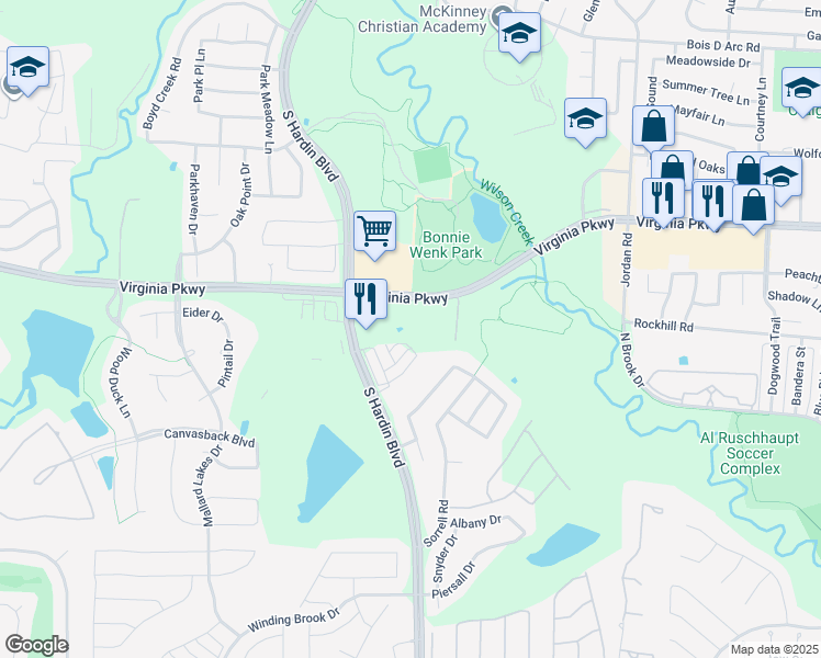 map of restaurants, bars, coffee shops, grocery stores, and more near 3351 Virginia Parkway in McKinney