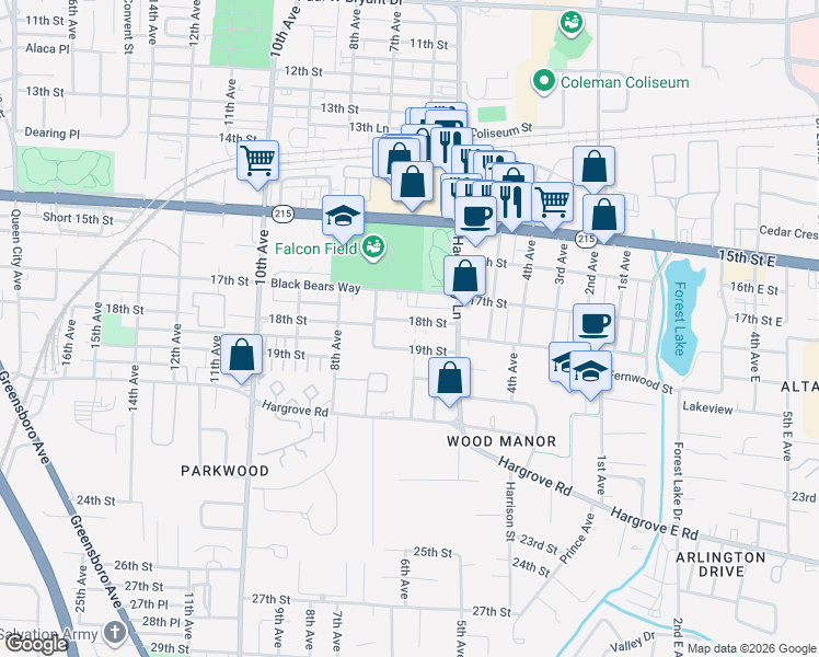 map of restaurants, bars, coffee shops, grocery stores, and more near 1809 6th Avenue in Tuscaloosa