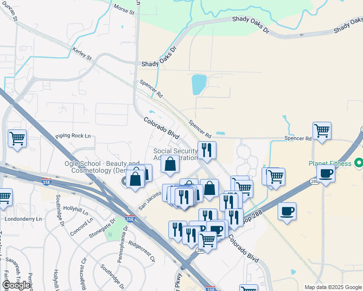 map of restaurants, bars, coffee shops, grocery stores, and more near 1509 Canvas Way in Denton