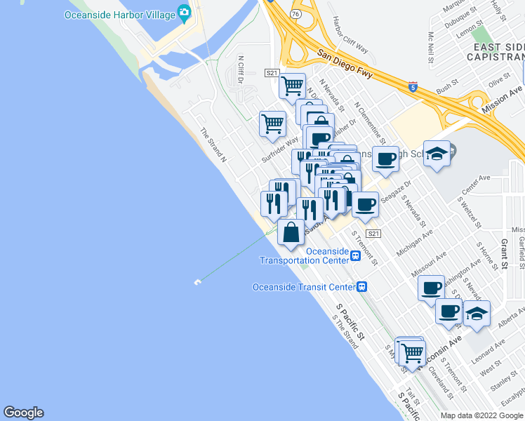 map of restaurants, bars, coffee shops, grocery stores, and more near 101-199 South Cleveland Street in Oceanside