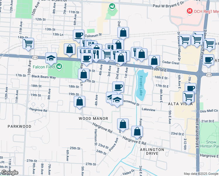 map of restaurants, bars, coffee shops, grocery stores, and more near 1715 3rd Avenue in Tuscaloosa