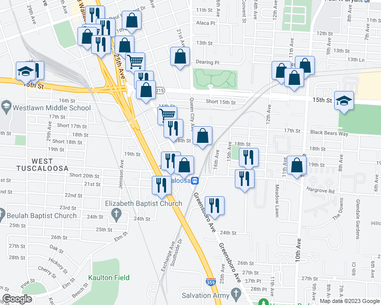 map of restaurants, bars, coffee shops, grocery stores, and more near 1820 Queen City Avenue in Tuscaloosa