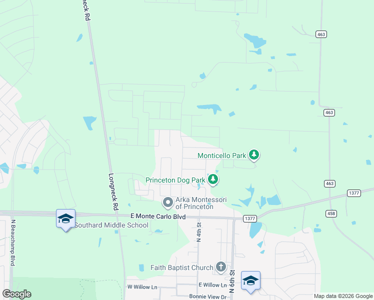map of restaurants, bars, coffee shops, grocery stores, and more near 8432 Biggs Road in Princeton