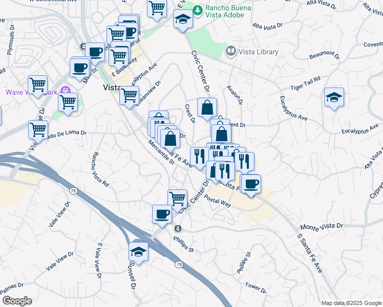 map of restaurants, bars, coffee shops, grocery stores, and more near 802 South Santa Fe Avenue in Vista