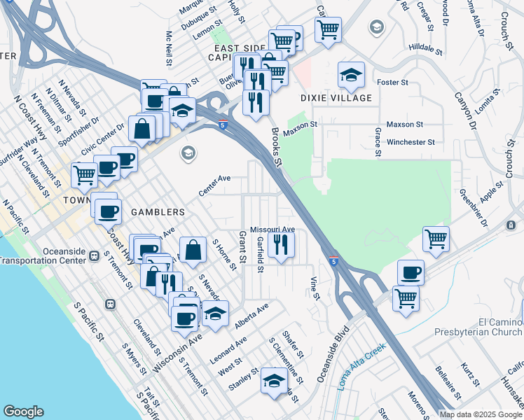 map of restaurants, bars, coffee shops, grocery stores, and more near 438 Garfield Street in Oceanside
