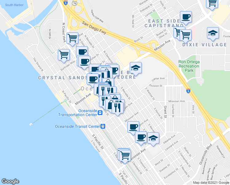 map of restaurants, bars, coffee shops, grocery stores, and more near 204 South Ditmar Street in Oceanside