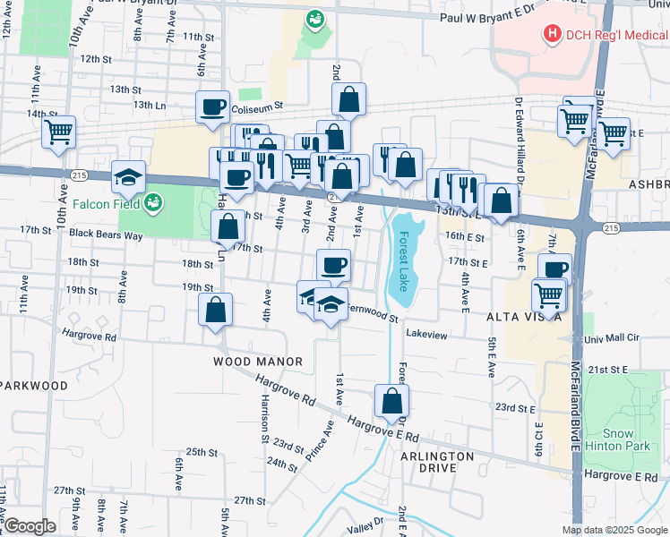map of restaurants, bars, coffee shops, grocery stores, and more near 1714 1st Avenue in Tuscaloosa