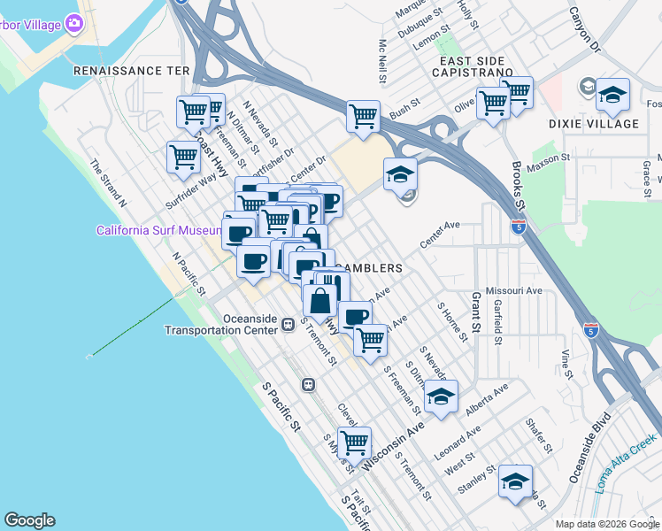 map of restaurants, bars, coffee shops, grocery stores, and more near 204 South Ditmar Street in Oceanside