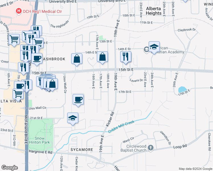 map of restaurants, bars, coffee shops, grocery stores, and more near 1614 18th Avenue East in Tuscaloosa