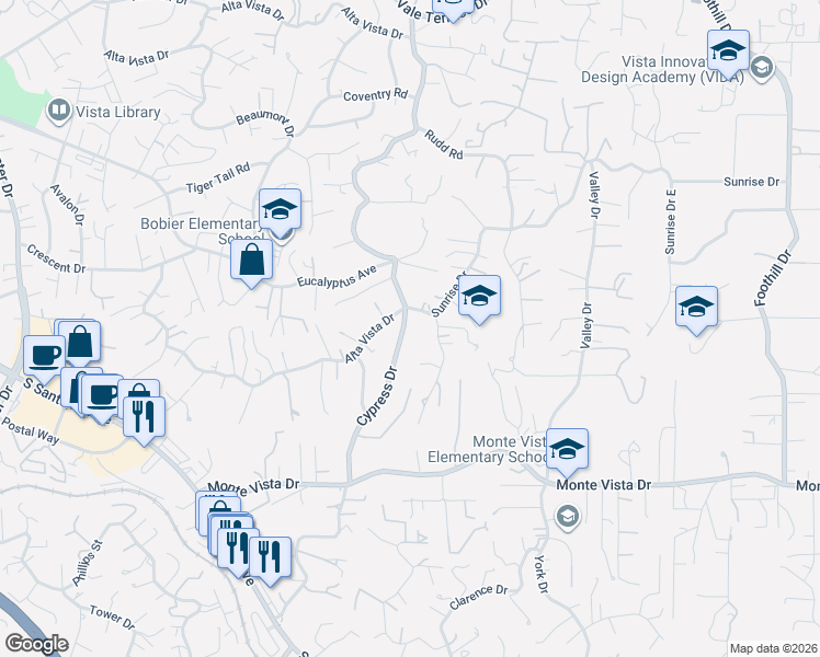 map of restaurants, bars, coffee shops, grocery stores, and more near 804 Cypress Drive in Vista