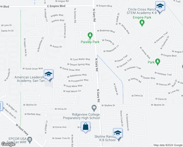 map of restaurants, bars, coffee shops, grocery stores, and more near 1576 West Appaloosa Way in Queen Creek