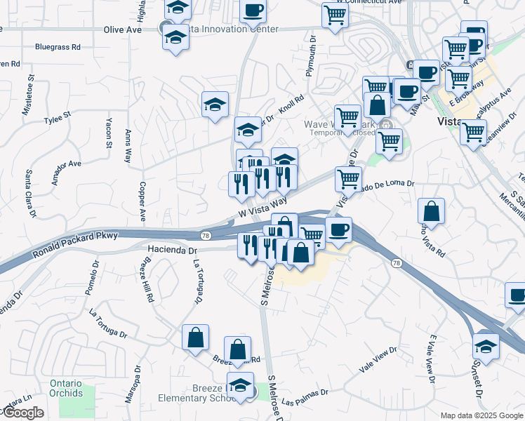map of restaurants, bars, coffee shops, grocery stores, and more near 500 West Vista Way in Vista