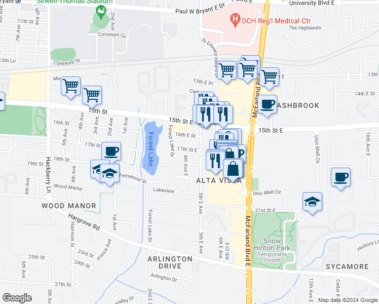 map of restaurants, bars, coffee shops, grocery stores, and more near 405 17th Street East in Tuscaloosa