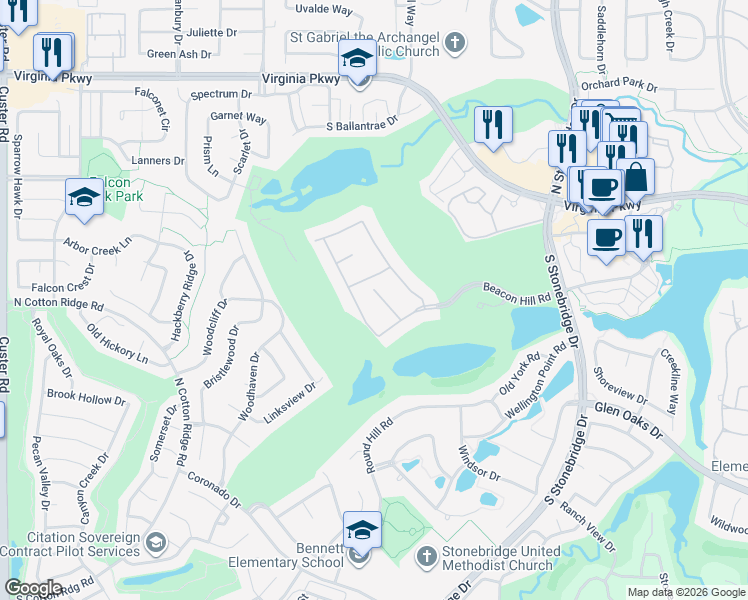 map of restaurants, bars, coffee shops, grocery stores, and more near 601 Riviera Drive in McKinney