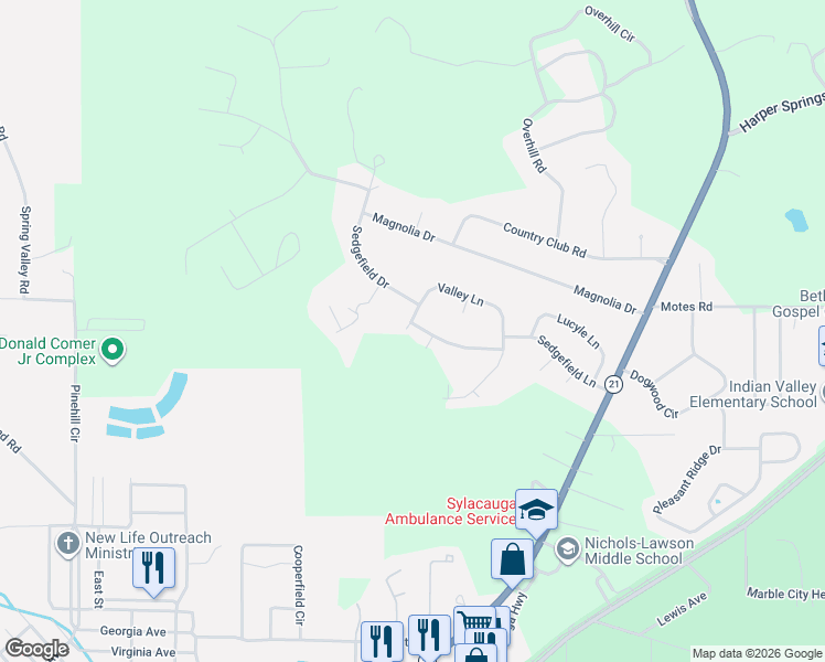 map of restaurants, bars, coffee shops, grocery stores, and more near 913 Ginny Lynn Court in Sylacauga