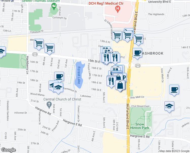 map of restaurants, bars, coffee shops, grocery stores, and more near 309 17th Street East in Tuscaloosa