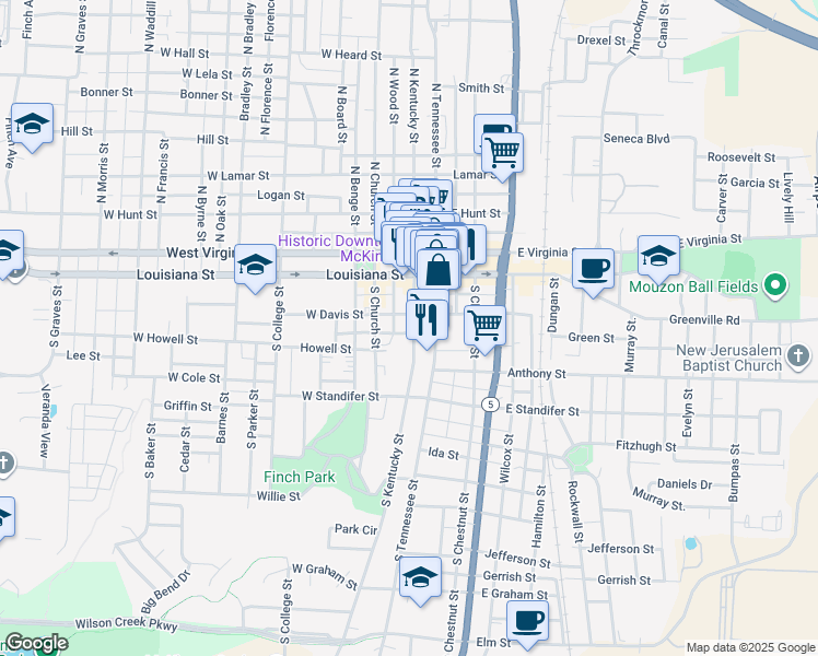 map of restaurants, bars, coffee shops, grocery stores, and more near 307 North Wood Street in McKinney