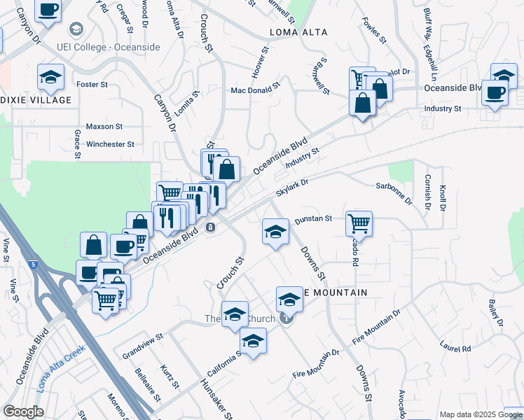 map of restaurants, bars, coffee shops, grocery stores, and more near 1465 Downs Street in Oceanside