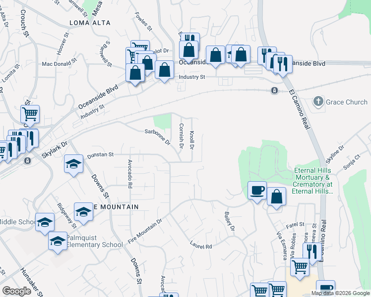 map of restaurants, bars, coffee shops, grocery stores, and more near 1354 Cornish Drive in Oceanside