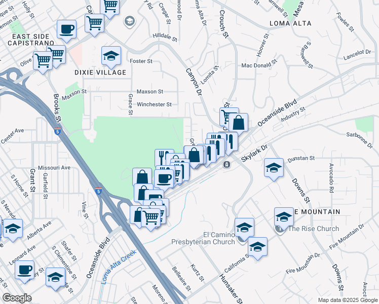 map of restaurants, bars, coffee shops, grocery stores, and more near 1907 Apple Street in Oceanside