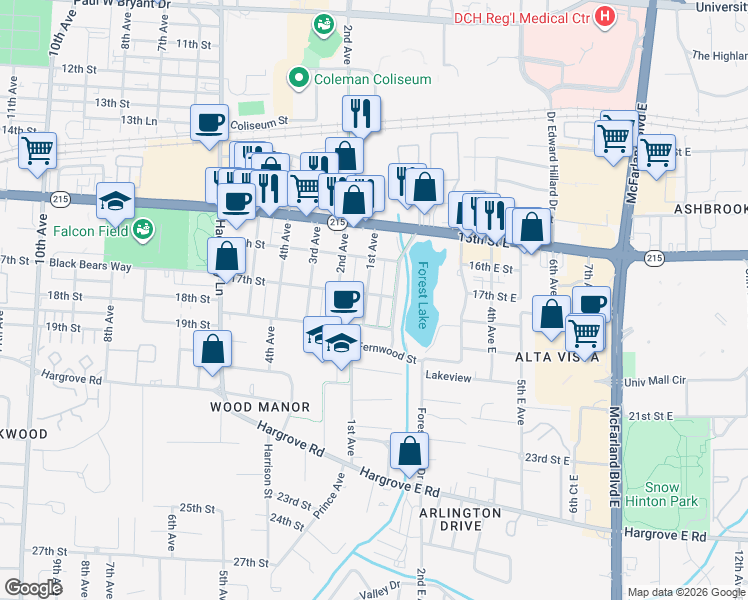 map of restaurants, bars, coffee shops, grocery stores, and more near 1714 1st Avenue in Tuscaloosa