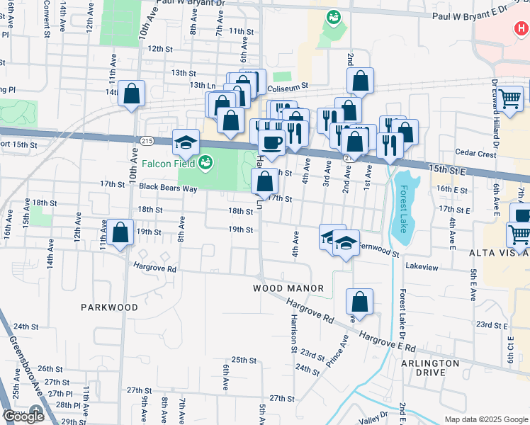map of restaurants, bars, coffee shops, grocery stores, and more near 1729 Hackberry Lane in Tuscaloosa
