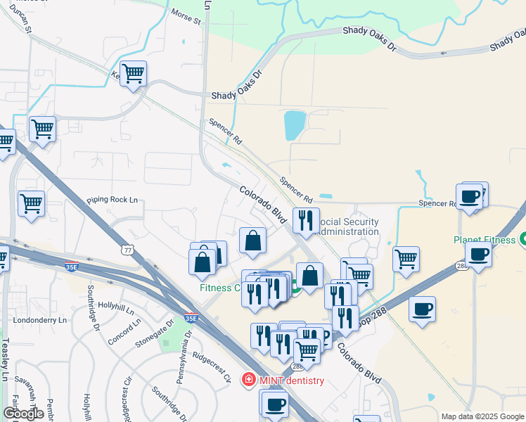 map of restaurants, bars, coffee shops, grocery stores, and more near 1930 Colorado Boulevard in Denton