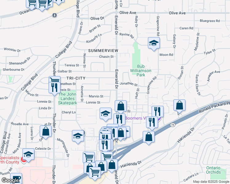 map of restaurants, bars, coffee shops, grocery stores, and more near 2839 Emerald Drive in Oceanside