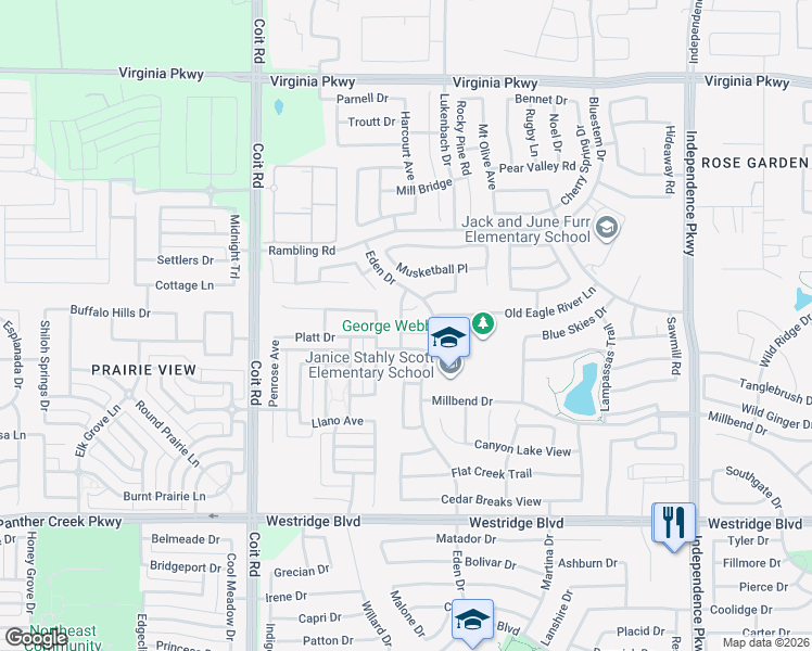 map of restaurants, bars, coffee shops, grocery stores, and more near 10520 Love Court in McKinney