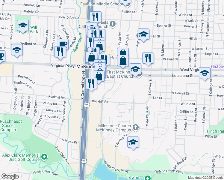 map of restaurants, bars, coffee shops, grocery stores, and more near 541 Wilson Creek Boulevard in McKinney