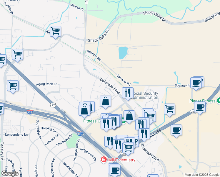 map of restaurants, bars, coffee shops, grocery stores, and more near 1930 Colorado Boulevard in Denton