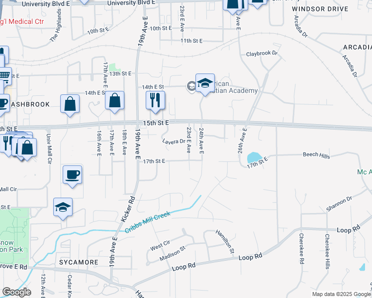 map of restaurants, bars, coffee shops, grocery stores, and more near 1630 23rd Avenue East in Tuscaloosa