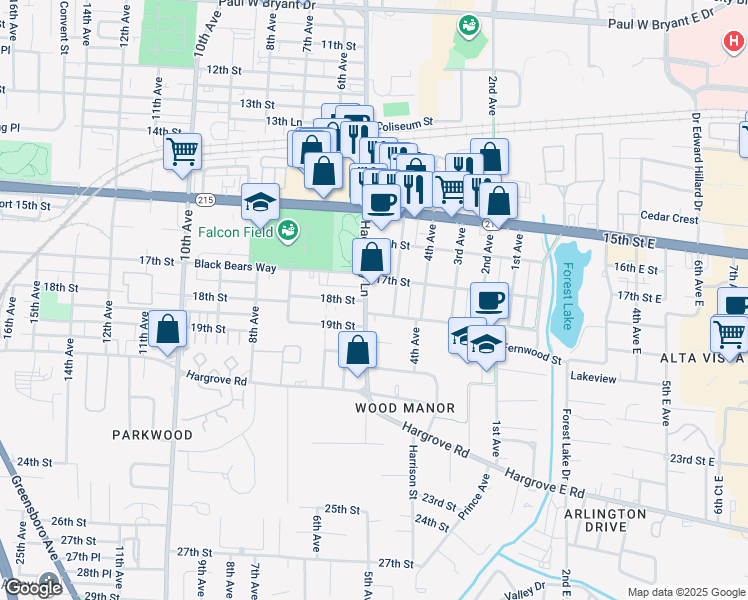 map of restaurants, bars, coffee shops, grocery stores, and more near 1721 Hackberry Lane in Tuscaloosa
